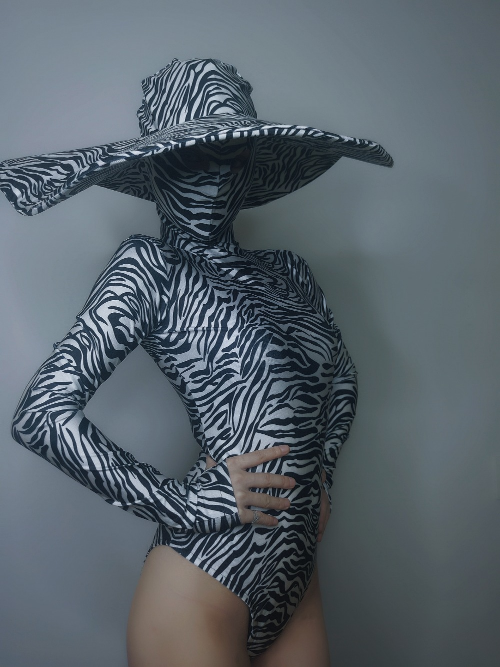 Big Hat Women Nightclub Green Black Zebra Stripes Bodysuit Performance Leotard