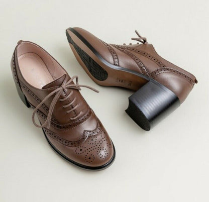 Womens Lace Up Round Toe Pumps Brogue Wing Tip Oxford College Style Casual Shoes