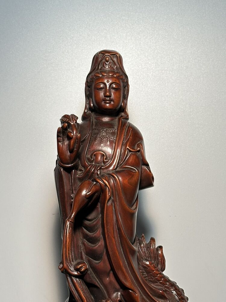 Vintage Chinese Wooden Carving Dragon Kwan Yin Statue Ornaments Wood Sculptures