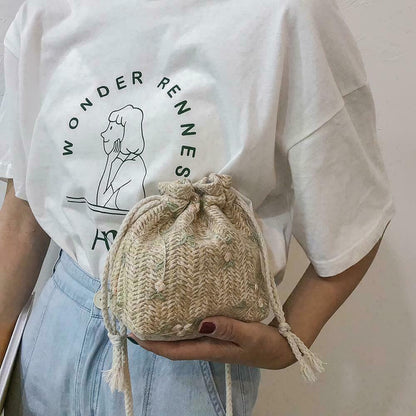 Shoulder Bags Women Drawstring Straw Bags Embroidery Bags Crossbody Handbags