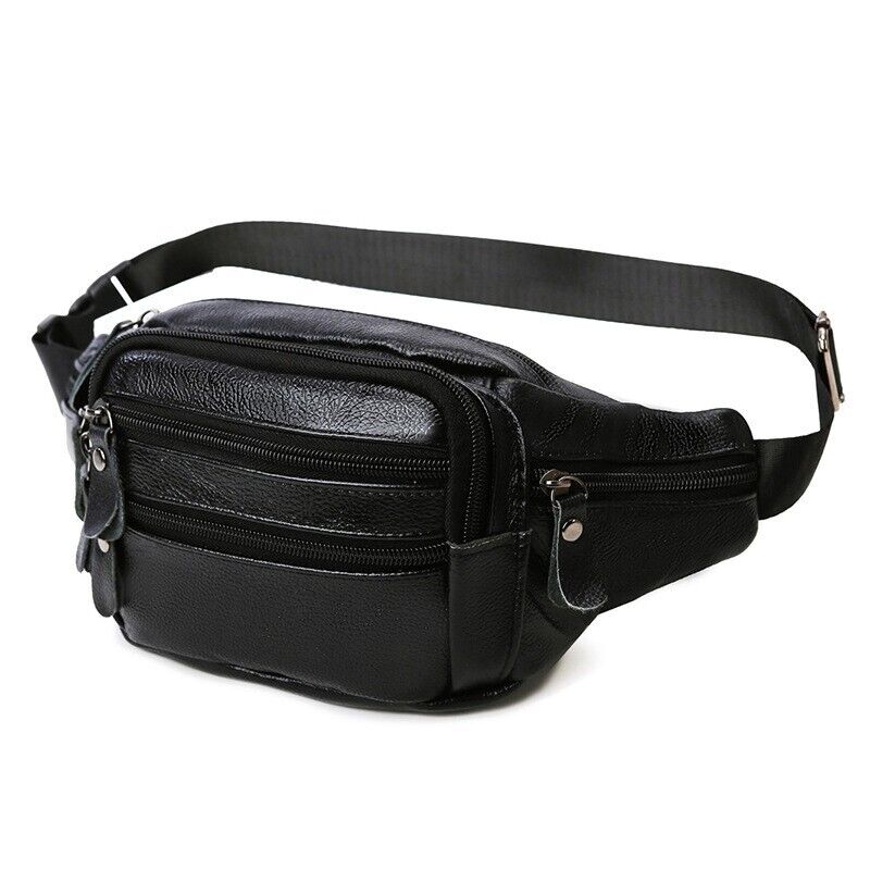 Cross-body Bag Genuine Leather Black Fanny Pack Men waist Bag Running