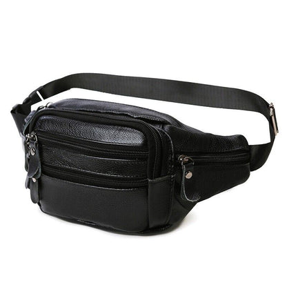 Cross-body Bag Genuine Leather Black Fanny Pack Men waist Bag Running