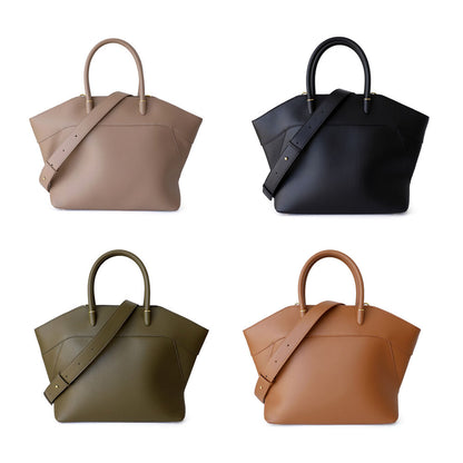 Trapezoid Real Leather Tote w/ Zipper Purse Shoulder Bag Handbag w/ Long Strap