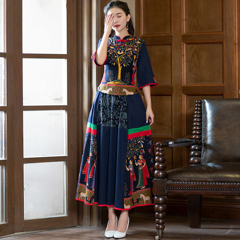 Chinese Women Top Short Skirt Two Piece Set China Ethnic Cotton Linen Tang Suit