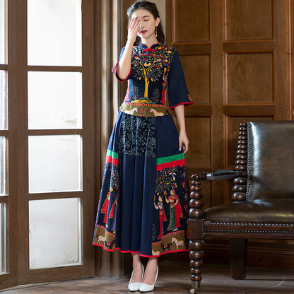 Chinese Women Top Short Skirt Two Piece Set China Ethnic Cotton Linen Tang Suit