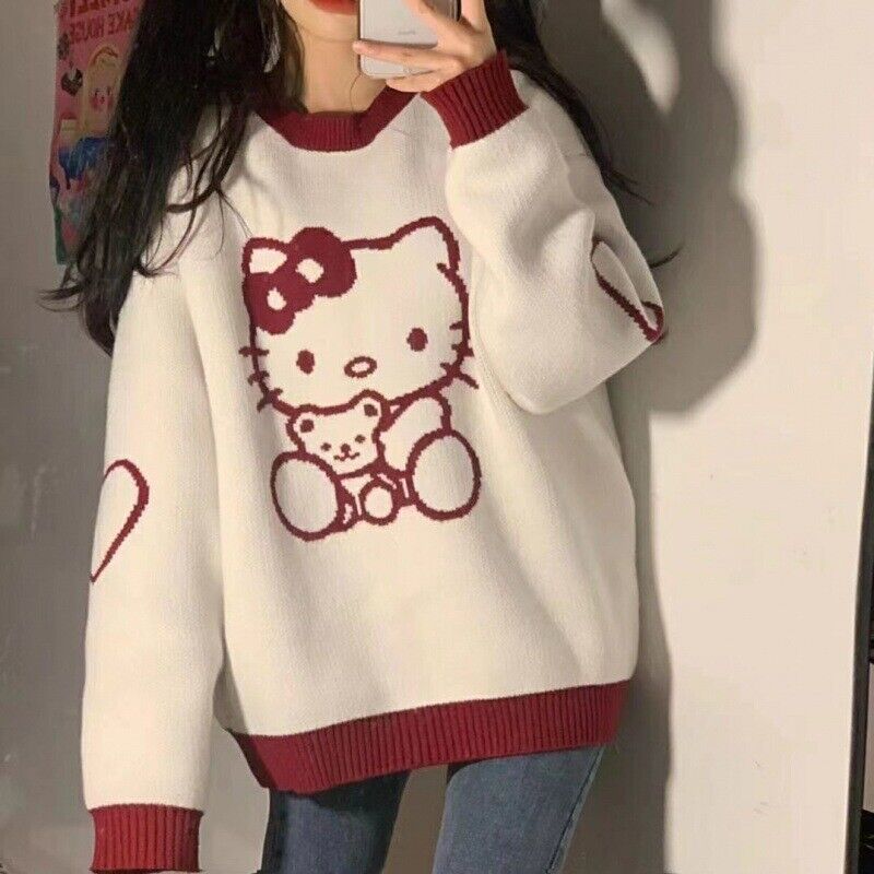 Cute Hello Kitty Sweet Embroidered Ladies Tops Cute Warm Sweater Loose Pullover