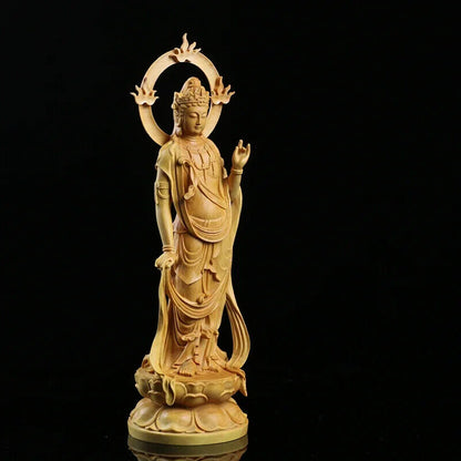 23CM Boxwood Carving Wood Crafts Real Wood Buddha Statue Gifts Guanyin Sculpture