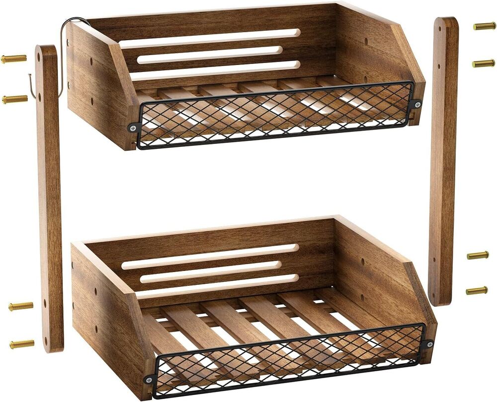 Fruit Basket for Kitchen with Banana Hanger Wooden Counter Storage Decor 2 Tier