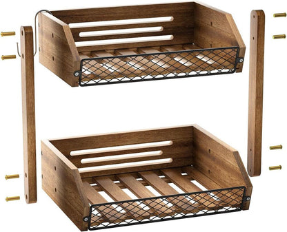 Fruit Basket for Kitchen with Banana Hanger Wooden Counter Storage Decor 2 Tier