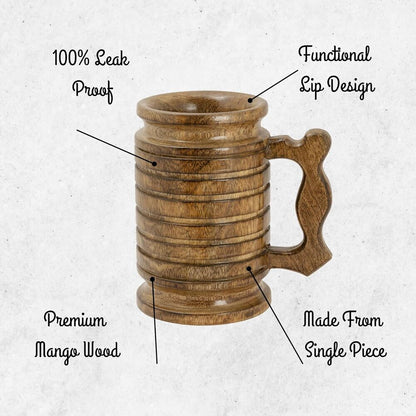 Large Wooden Beer Mug with Handle Tea Coffee Camping Cup Vintage Barrel 18 Oz