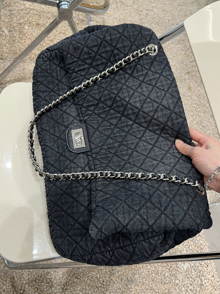 Large Quilted Denim Shoulder Bag Flap Purse Double Chains Hobo Fashion Tote