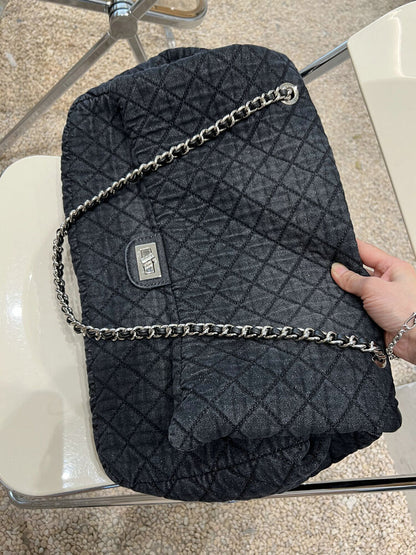 Large Quilted Denim Shoulder Bag Flap Purse Double Chains Hobo Fashion Tote