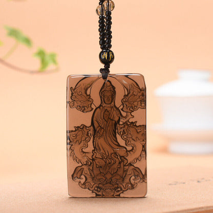 Natural Ice Obsidian Dragon Riding Guanyin Pendant with Necklace Pendant
