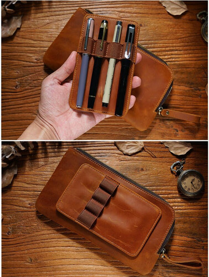 Handmade Cowhide Leather Pen/Pencil Case, Larege Capacity Stationery Storage Bag