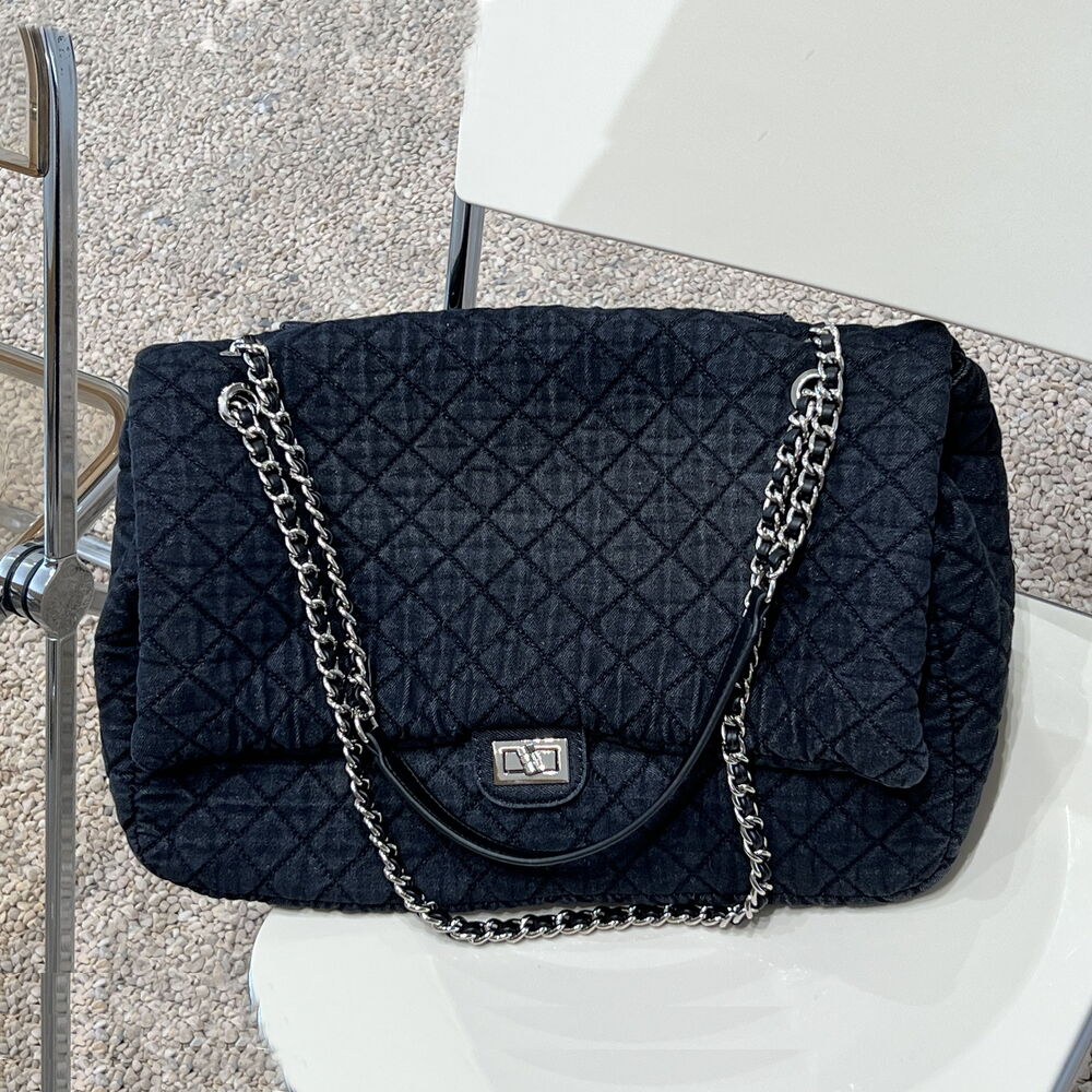 Large Quilted Denim Shoulder Bag Flap Purse Double Chains Hobo Fashion Tote