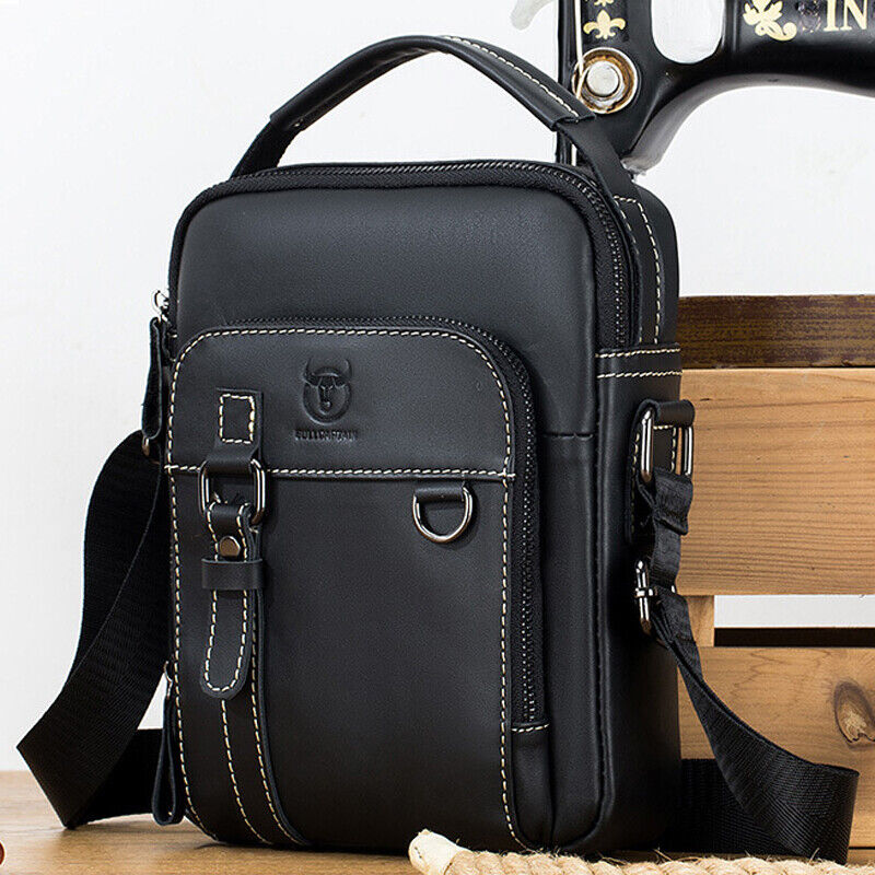 100% Genuine Leather Men's Sling Shoulder/Messenger Bag Double Zipper 8" Handbag