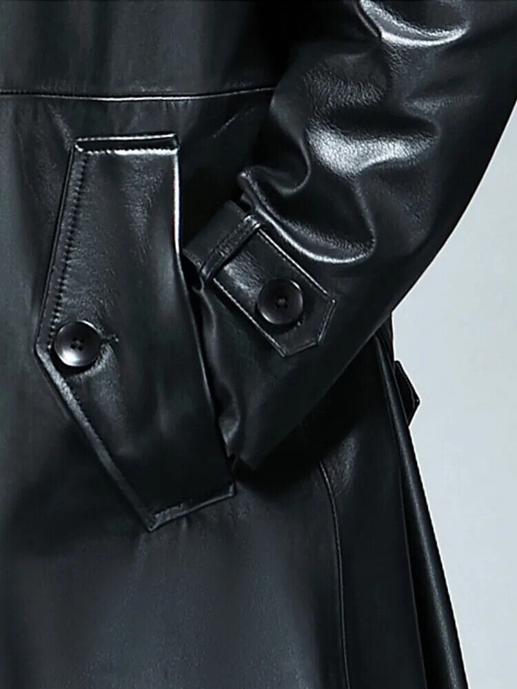Spring Autumn Pu Leather Trench Coat Men Double Breasted Outerwear
