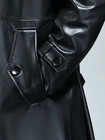 Spring Autumn Pu Leather Trench Coat Men Double Breasted Outerwear