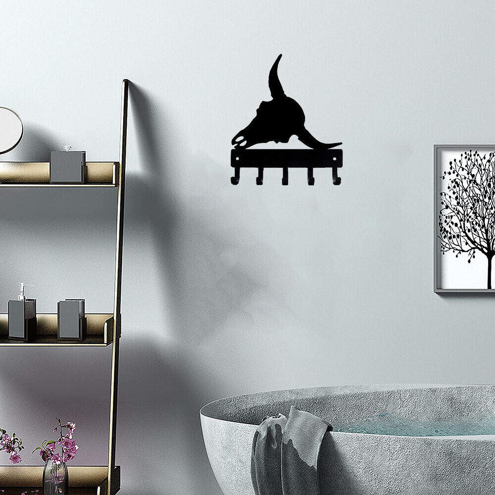 Longhorn Steer Skull Key Rack Hanger - 6 inch Wide Metal Wall Art