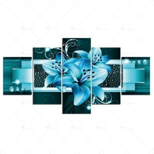 Blue lily flower Digital art 5 Pc Canvas Wall Painting Poster Home Decor Cuadros