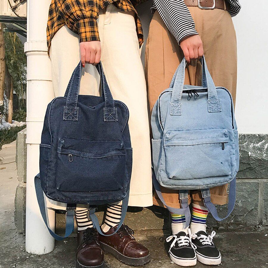 Denim School Bag Backpack High Capacity Traveling Bag 27*35*12 CM Blue Purse 1PC