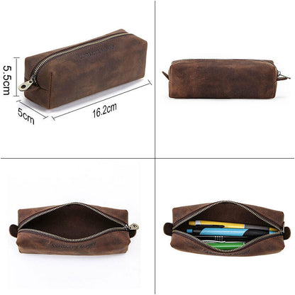 Handmade Cowhide Leather Pen Pouch Zipper Pencil Case Stationery Storage Pen Bag