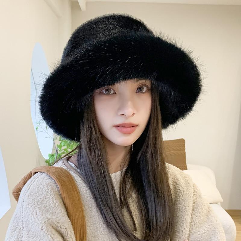 Womens Real Rabbit/Rex Fur Hat Bowler Hat Warm Beanie W Fox Fur Brim