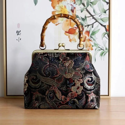 Bamboo Lock Shell Bag Vintage Flower Bag Chain Shoulder Crossbody Handmade Purse