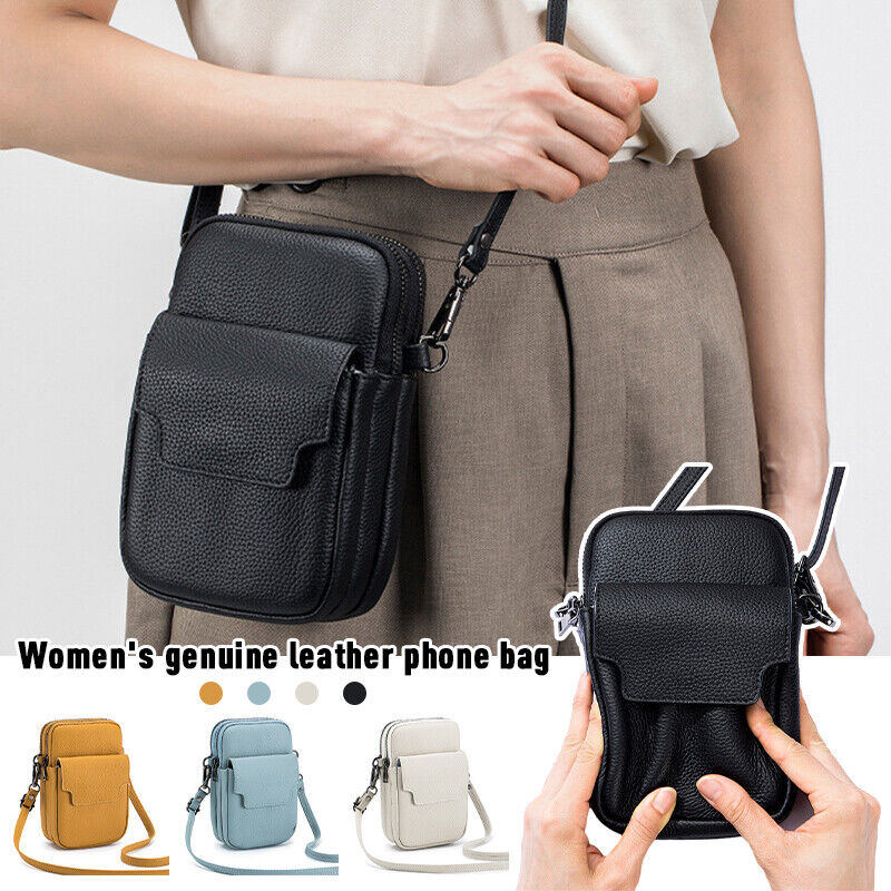 Women's Genuine Leather Double-Layer Zipper Phone BagShoulder Bag Crossbody Bag