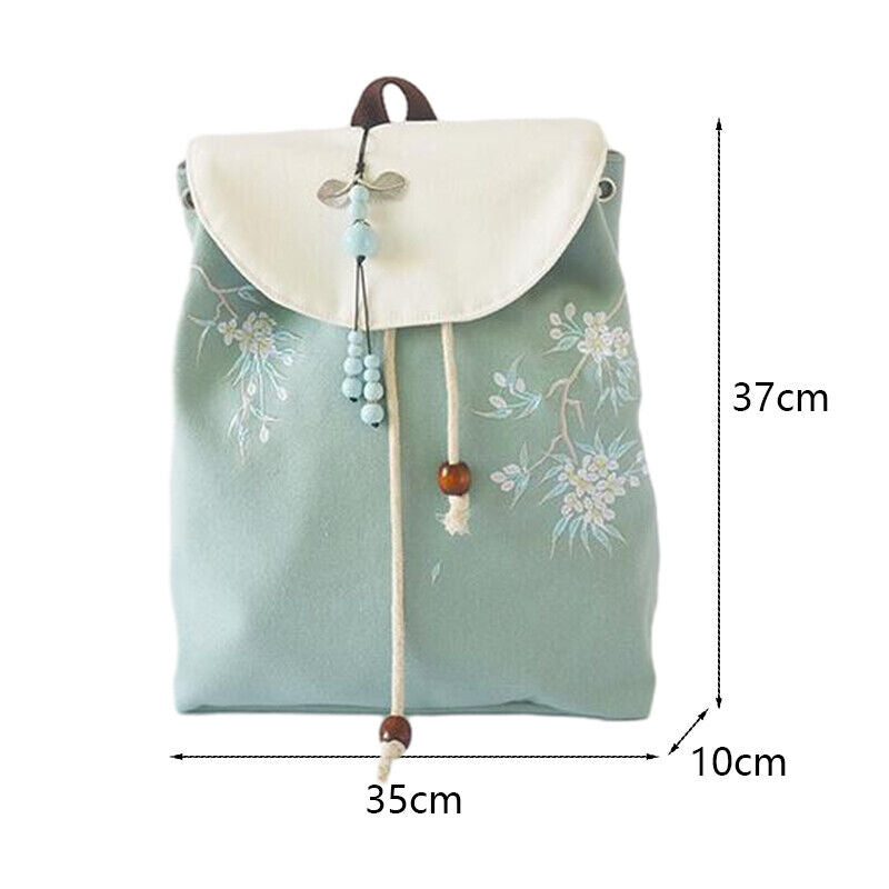 Canvas Embroidered Flower Backpack Tassel Casual Bundle Girls Mouth Bag Womens
