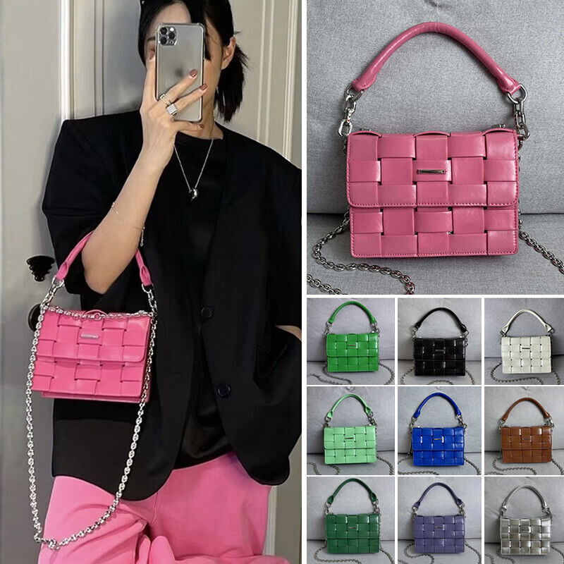 Woven Leather Small Flap Purse Chains Satchel Mini Tote Crossbody Shoulder Bag