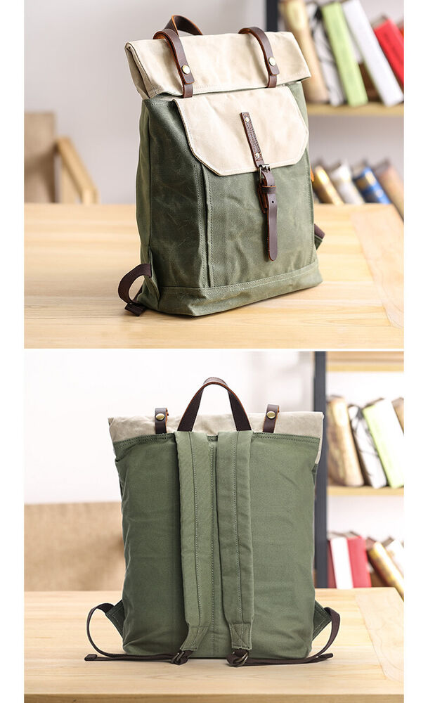 Water Resisant Vintage Waxed Canvas Backpack Fold-Over Satchel 14" Laptop Bag