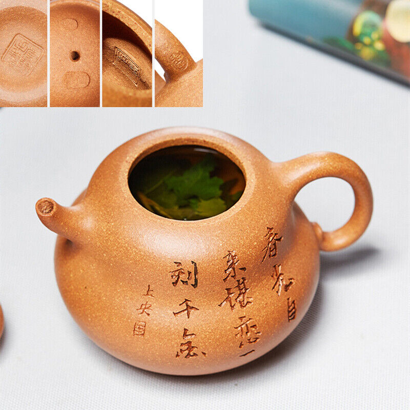 full handmade tea pot marked Chinese character carved pot yixing zisha duan clay
