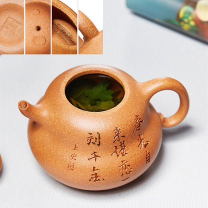 full handmade tea pot marked Chinese character carved pot yixing zisha duan clay