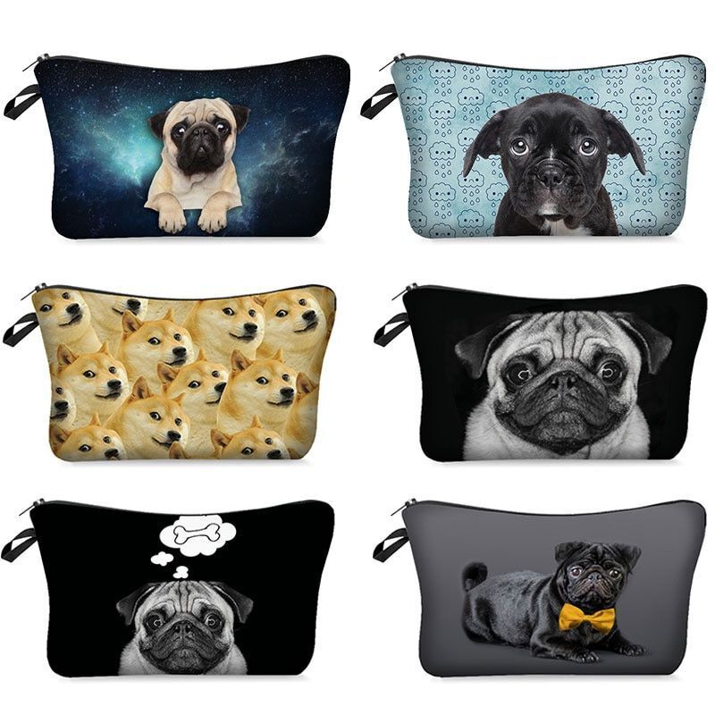 3D Pug Dog Printed Cosmetic Bag Cute Makeup Organizer Bag Travelling Handbag 1PC