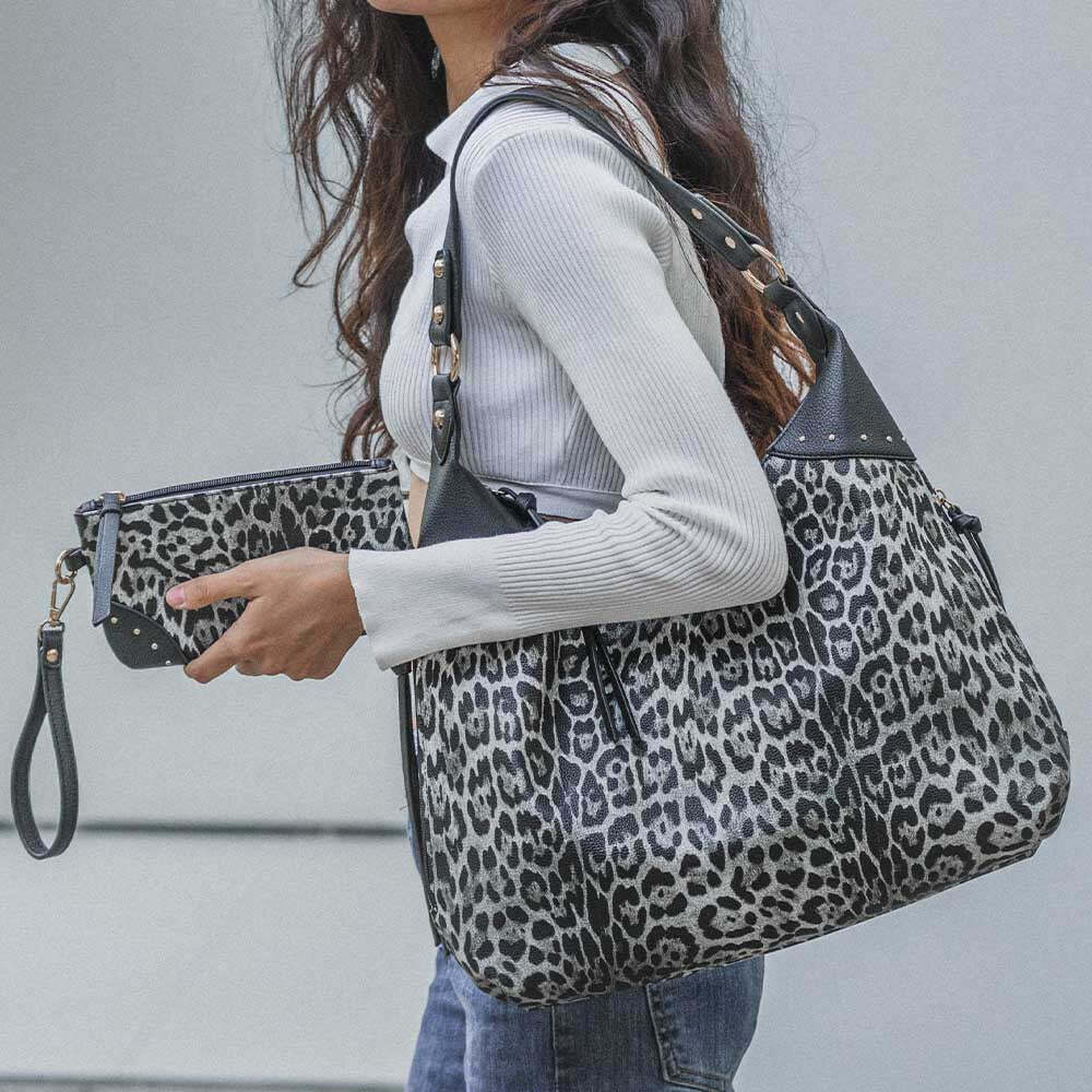 Leopard Black Women Concealed Carry Handbag Studs Hobo Shoulder Bag W/ Purse