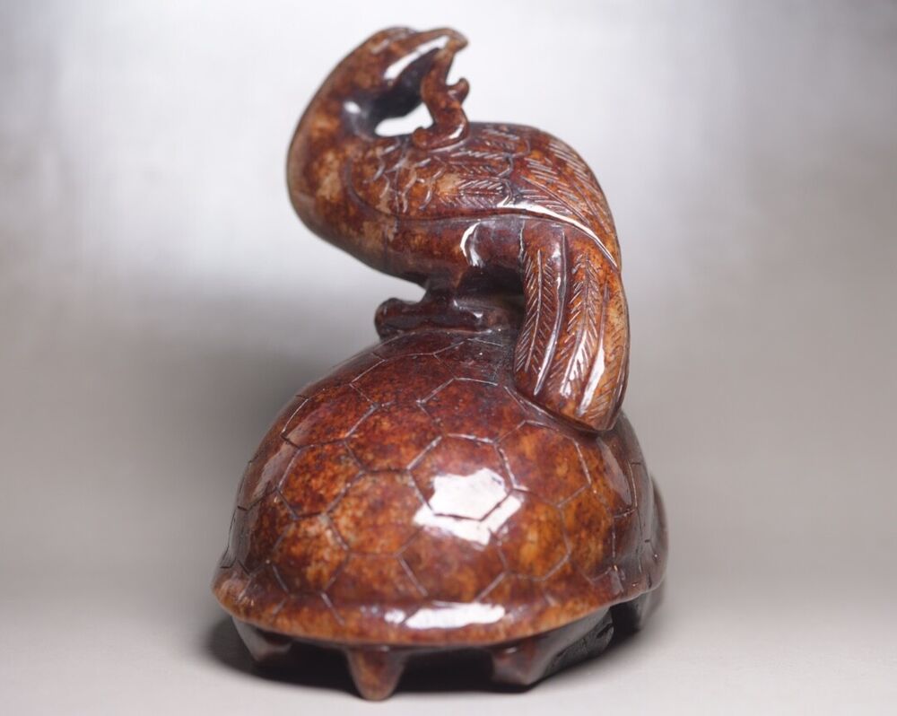 Old Peking Chinese Hetian Jade Carving Turtle Bird Statue Unique Wonderful Art