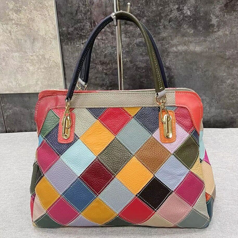 100% Genuine Leather Colorful Patchwork Handbag Women's Tote Shoulder Bag