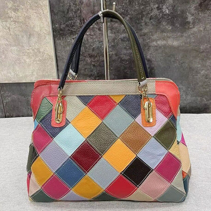 100% Genuine Leather Colorful Patchwork Handbag Women's Tote Shoulder Bag