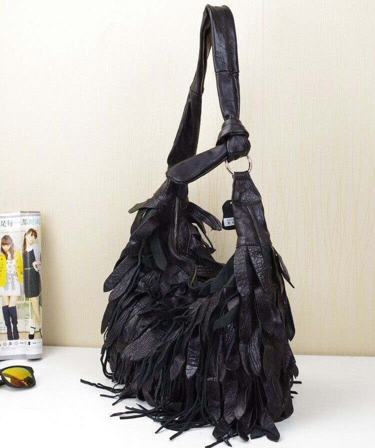100% Genuine Leather Desinger Tassel Handbag Women's Black Tote Shoulder Bag