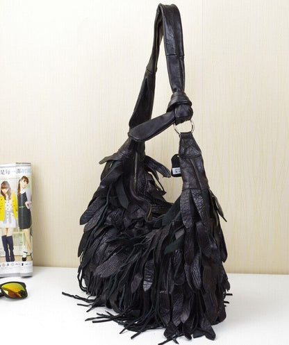 100% Genuine Leather Desinger Tassel Handbag Women's Black Tote Shoulder Bag