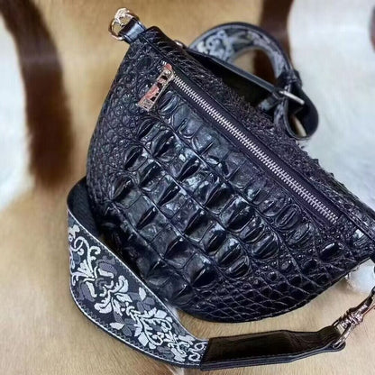 Real Crocodile Skin Crossbody Chest Bag, Desinger Men Black Leather Shoulder Bag