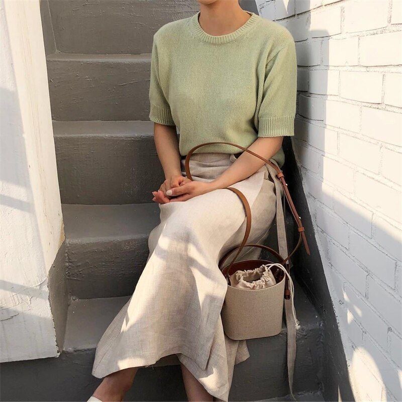 Canvas Leather Splicing Bucket Bag Contrast Small One-shoulder Crossbody Satchel