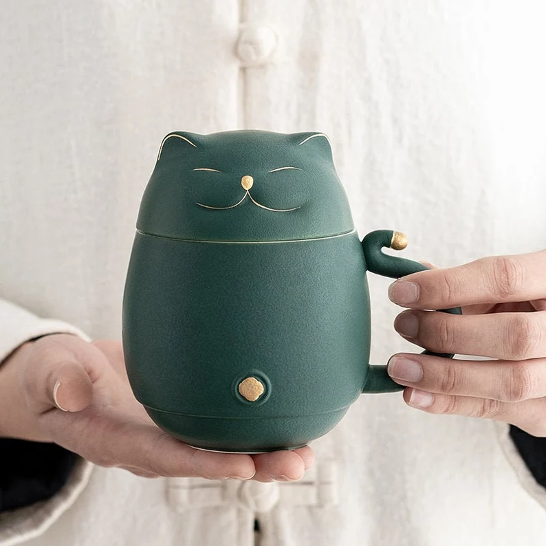 Embersceramic Lucky Cat Ceramic Tea Cup with Infuser Cute Cat Tea Mug with Lid