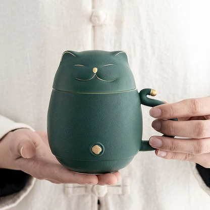 Embersceramic Lucky Cat Ceramic Tea Cup with Infuser Cute Cat Tea Mug with Lid