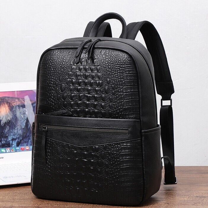 Top Cow Leather Black Men's Backpack, Crocodile Print Breathable Travel Bag