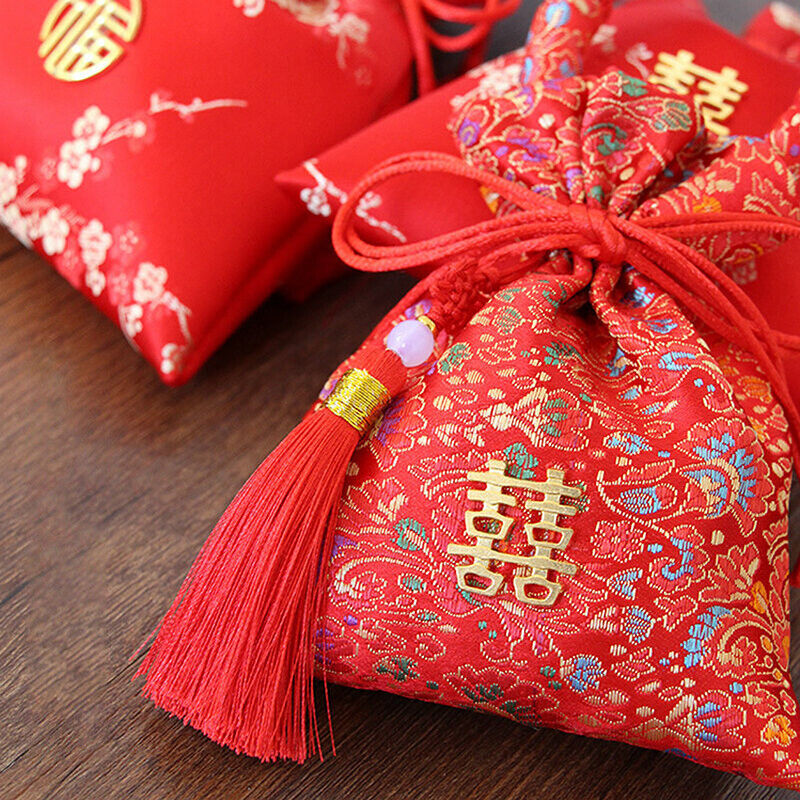 14x11cm Portable Brocade Wedding Candy Bag Package Bag Drawstring Red Candy BN8