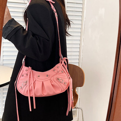 Woman Bag Rivet Half Moon Bags Shoulder Bag Punk Style Woman Satchels Handbag