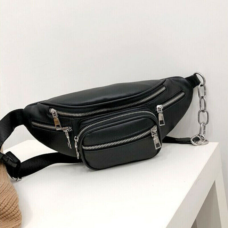 Women's Fanny Pack Purse Shoulder Chest Waist Bag Chain Zipper PU Leather Black