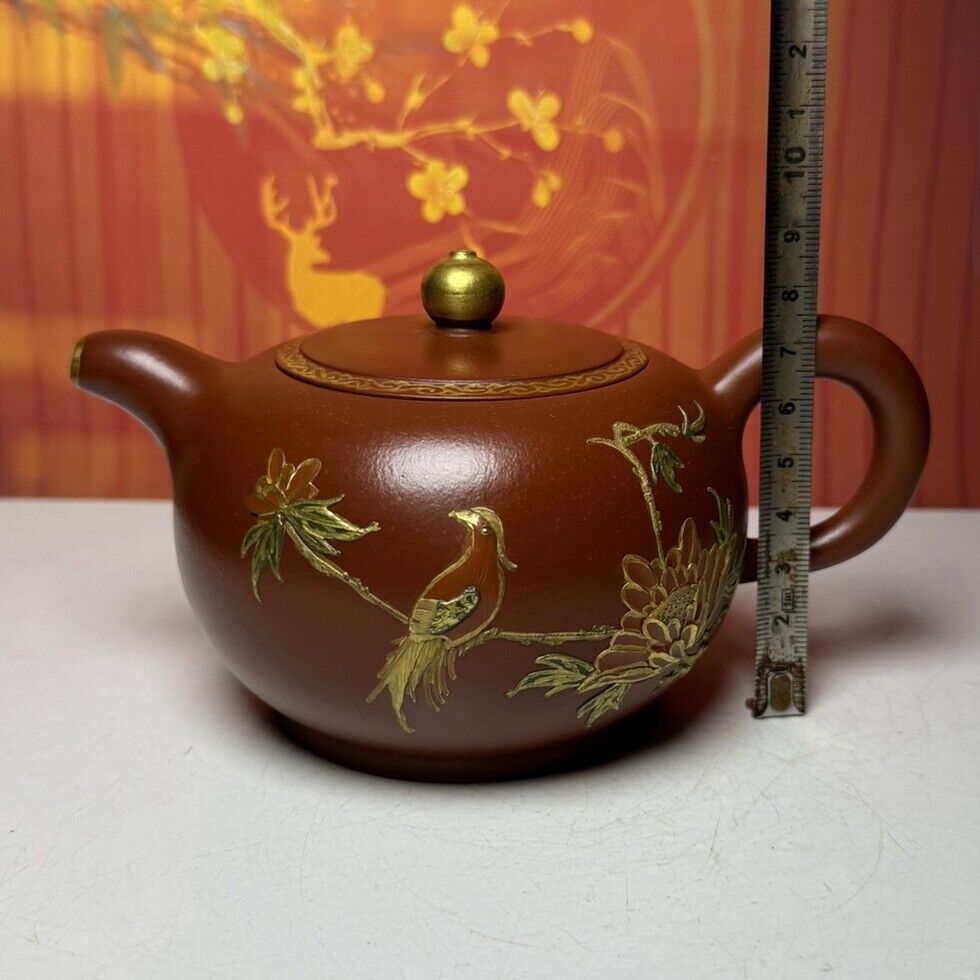 Vintage Chinese Yixing Purple Clay Teapot Zisha Ceremony Flower Bird Teaware Art